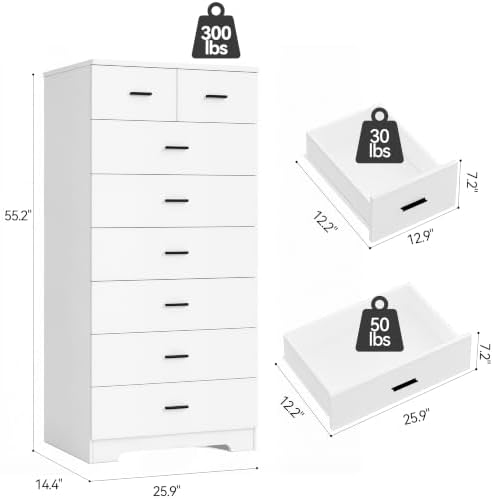 GEPELCN 55.2" Tall Dresser with Charging Station Wooden 8 Drawer Dresser...