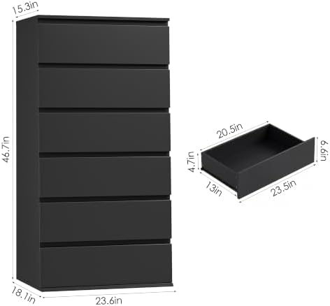FOTOSOK Black Dresser, 6 Drawer Dresser with Handleless Drawer Cabinet