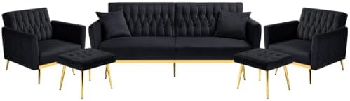 3 Pieces Velvet Sofa Set w/Adjustable Armrest &Backrest,Black