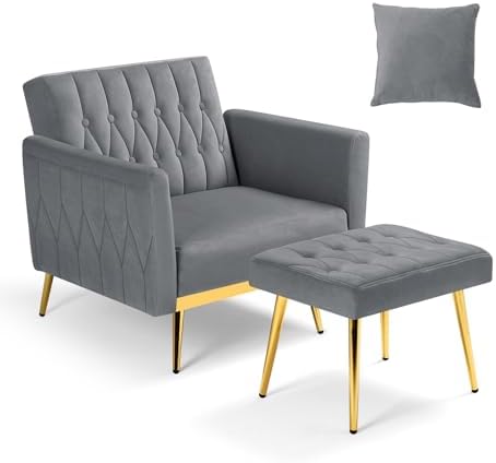 Velvet Accent Chair w/Ottoman & Adjustable Backrest, Grey