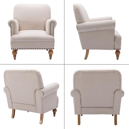 Beige Linen Fabric Accent Chair, Modern Farmhouse Upholstered Armchair with N...