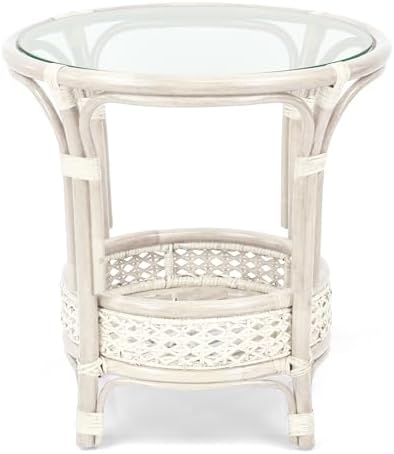 Pelangi Coffee Round Table White Color Handmade ECO Natural Rattan Wicker wit...
