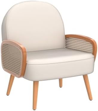 Aklaus Mid Century Modern Accent Chairs Set of 2 Upholstered Rattan Faux Leather Hobo Side Accent Arm Chairs for Living Room Bedroom Balcony Reading Club Beige