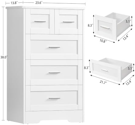 TEENFON Tall White Dresser for Bedroom, Modern 5 Drawer Dresser with Metal Ha...