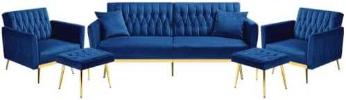 3 Pieces Velvet Sofa Set w/Adjustable Armrest &Backrest,Blue