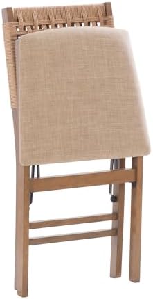 Linon Bennett Natural Folding Chair with Woven Rope Back and Linen Upholstere...