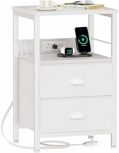 Furologee End Table with Charging Station, Nightstand with Fabric Drawers, Si...