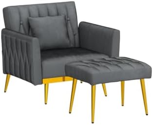 Velvet Accent Chair w/Ottoman & Adjustable Backrest, Grey