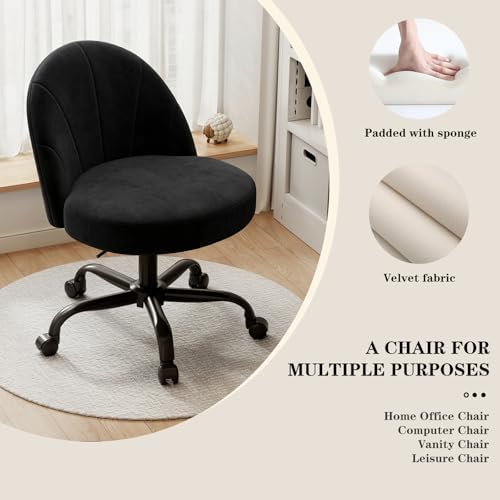 Vanity Chair, Comfy Celvet Swivel Desk Chair, Bedroom Vanity Office (Black) |...
