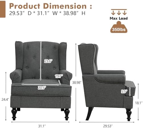 Accent Chair for Living Room, Mid Century Modern Upholstered Armchair, Wingba...