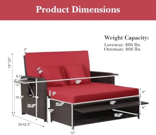 LDAILY Moccha Outdoor Daybed, Wicker Loveseat Sofa Set with 4-Postion Adjusta...