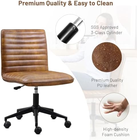 Furniliving Leather Office Chair with Wheels Armless Vanity Desk Chair 360° S...