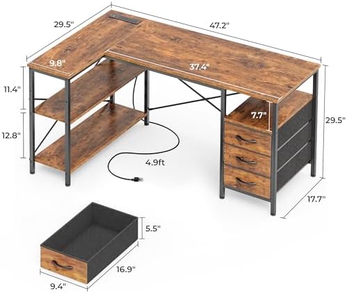 Huuger L Shaped Office Desk with Power Outlets, 47 Inch Computer Desk with 3 ...