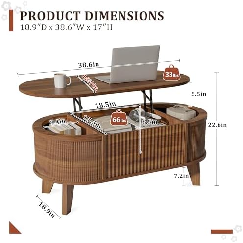 LYNCOHOME Fluted Lift Top Coffee Table with Storage,Modern Oval Coffee Table ...