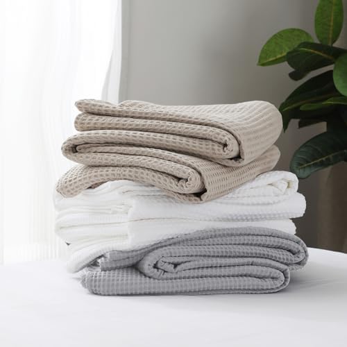 100% Cotton Waffle Blanket for Bed King Size, Light Grey, 104 x 90 Inches