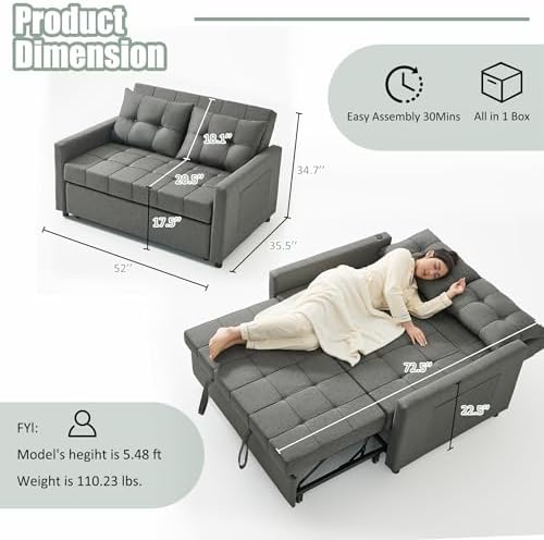 GOSUHI 52" 3-in-1 Convertible Sleeper Sofa Bed, Linen, Dark Gray