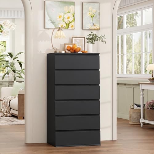 FOTOSOK Black Dresser, 6 Drawer Dresser with Handleless Drawer Cabinet