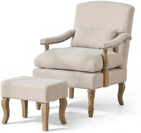 Accent Chair with Ottoman, Farmhouse Armchair, Natural Beige