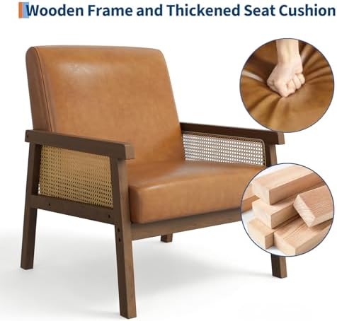 IDEALHOUSE Rattan Accent Chair with Wooden Frame and High Back, Brown