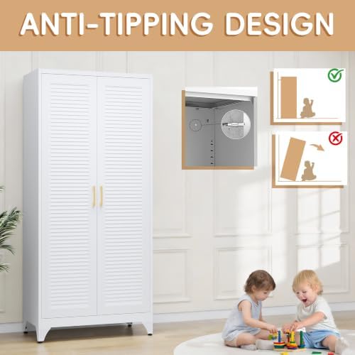 Steeloong 71"Armoire Wardrobe Close,White Wardrobe Cabinet with Hanging Rod
