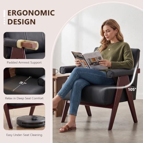JIASTING Mid Century Modern Accent Chair Set of 2, Black Leather Armchair