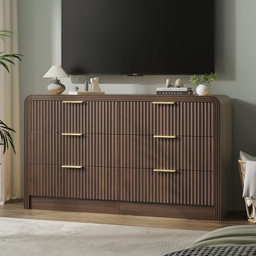 Decofy 55" W Fluted 6-Drawer Dresser for Bedroom, Walnut
