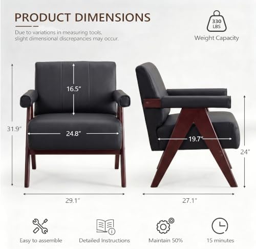 JIASTING Mid Century Modern Accent Chair Set of 2, Black Leather Armchair