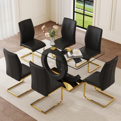 Glass Dining Table Set for 6,Modern Black Gold Dining Table Set,63" | Te...