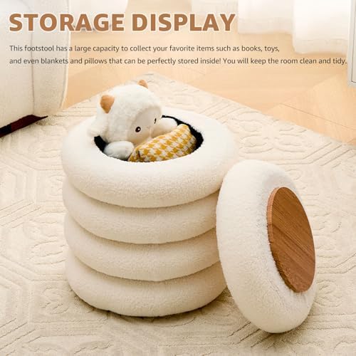 Wimarsbon Round Storage Ottoman, Modern Sherpa Footstool, Teddy Vanity Stool ...