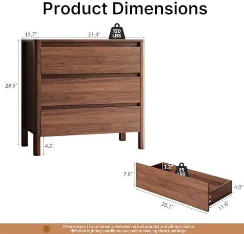 MAISONARIA Walnut 3 Drawers Dresser for Bedroom, 31.4" Wide Wood Dresser