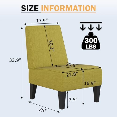 Armless Accent Chairs Set of 2, Green Upholstered Linen Slipper Chair with So...