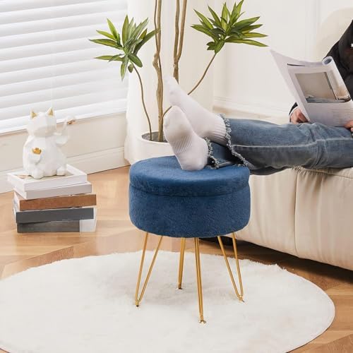 Footrest Footstools Round Faux Fur Ottoman with Storage Space Soft Vanity Chair Seat Coffee Table Ottoman Small Side Table Metal Legs with Adjustable Footings