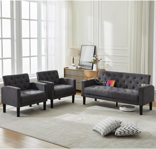 Mid-Century Modern Tufted Loveseat Sofa Set w/ 2 USB & 2 Cupholders