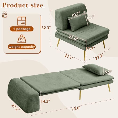 wanan Futon Chair, 3-in-1 Chair Sleeper Bed for Adults with Back Support