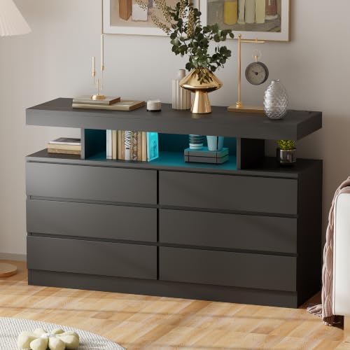 BEWISHOME Black Dresser for Bedroom with Charging Station and LED Lights