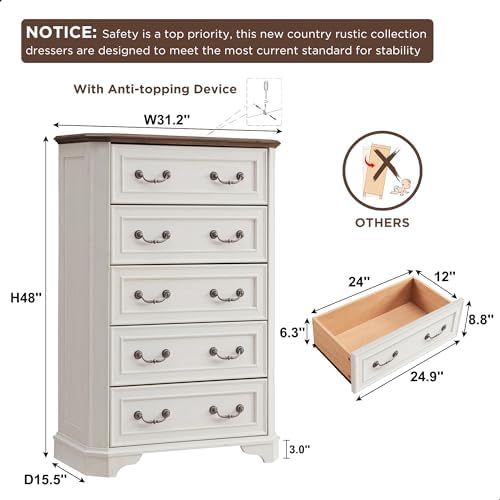 T4TREAM Farmhouse 5 Drawers Dresser for Bedroom, 48" Tall Wood Rustic Ch...