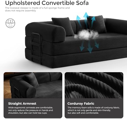 79" Convertible Futon Sofa Bed, Boneless Couch for Living Room | Black