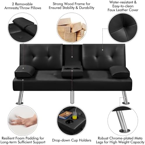 Yaheetech Convertible Futon Sofa Bed Loveseat with Cup Holder, Black