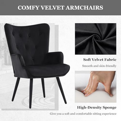 Furnimart Black Velvet Accent Chair Mid Century Modern Living Room Chairs; Co...