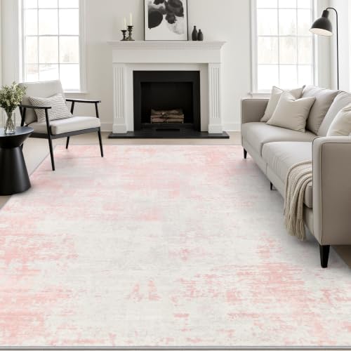 10x12 Area Rug Living Room: Modern Washable Soft Carpet Pink White