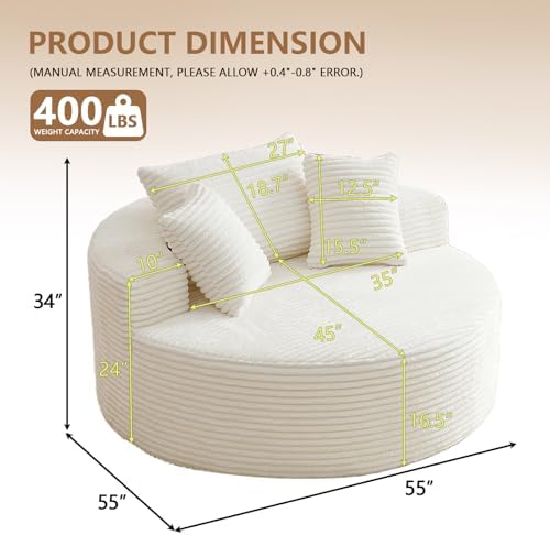 Oversized Round Chair Lounge Chaise Indoor, Upholstered Corduroy Deep Seat Cl...