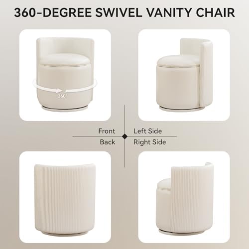 WUTUTUEE Faux Leather Vanity Chair with Storage, 360° Swivel Makeup Chair wit...