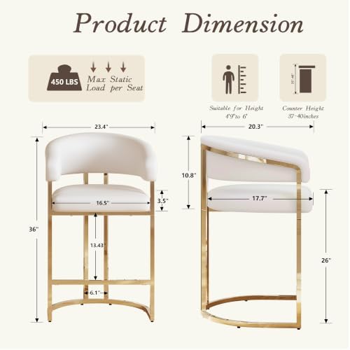 26" H Modern Counter Height Bar Stools,Accent Barstools with Arms,PU Lea...