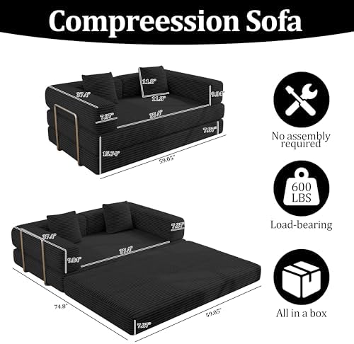 BSHOMGI Convertible Futon Sofa Bed, Boneless Couch for Living Room,Modular Fu...