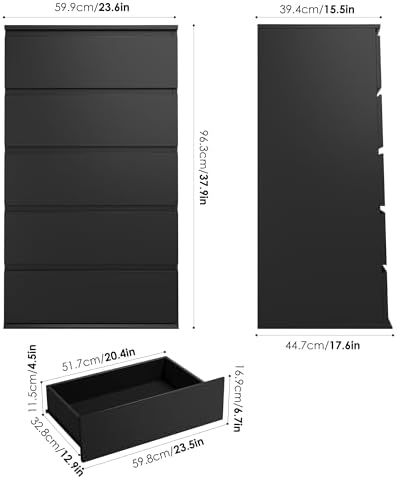 FOTOSOK Black Dresser, Dresser for Bedroom, 5 Drawer Chest of Drawers