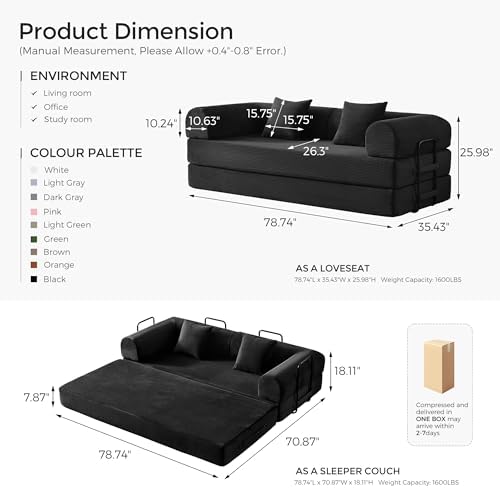 79" Convertible Futon Sofa Bed, Boneless Couch for Living Room | Black