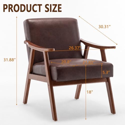 Anwick Mid-Century Modern Accent Chair,PU Leather Living Room Chair with Soli...