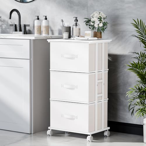 OLIXIS Dresser Storage with 3 Drawers, Fabric Dresser Tower, White