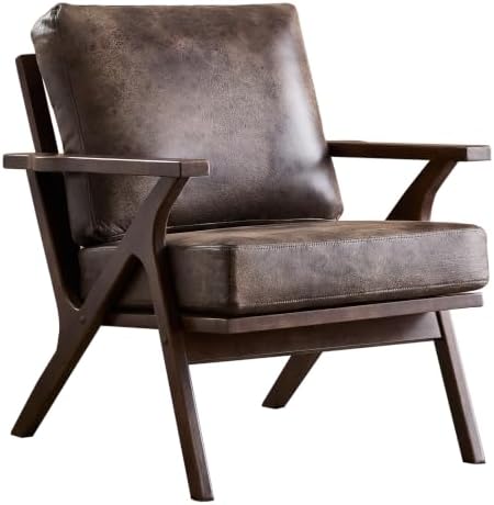 ANJ Faux Leather Accent Chair with Overstuffed Cushion, Mid-Century Modern Ar...