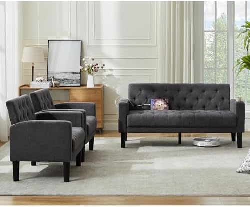 Mid-Century Modern Tufted Loveseat Sofa Set w/ 2 USB & 2 Cupholders